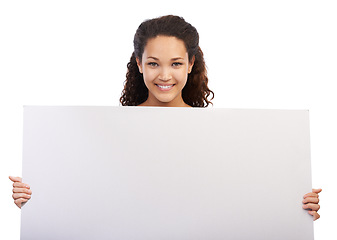 Image showing Black woman, smile portrait and blank poster or billboard in studio for sales marketing, advertising and company news mockup. African girl, happy model and design signage space in white background