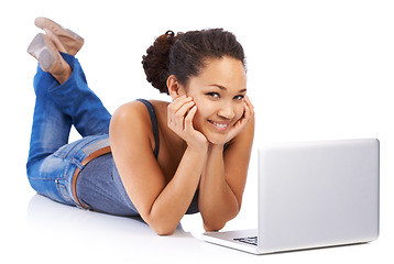 Image showing Portrait, laptop and black woman on floor of studio, isolated white background and happy face. Female model, computer and technology for social network, online shopping and internet seo, web and blog