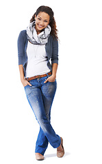 Image showing Young model, portrait and happy black woman with fashion and natural beauty in studio. White background, standing woman and young female student isolated leaning with happiness, smiling and mockup