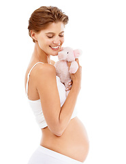 Image showing Pregnancy, baby teddy bear and happy woman with love and big stomach smile with child toy. Mothers love, pig doll and pregnant mama happiness with excited with about child care, motherhood and family