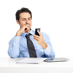 Image showing Smartphone, technology and businessman in studio thinking of solution, strategy or negotiation in finance. Mockup, accounting and corporate worker with phone idea for profit, stock market or sales