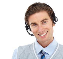 Image showing Telemarketing, call center and portrait of man in studio for customer services, support and advertising mockup. Face of telecom agent, consultant or salesman employee communication or business advice