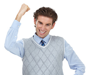 Image showing Winner, celebration and success of business man in studio on a white background. Face, portrait and happy male employee fist pump to celebrate victory, lottery or goal achievement, targets or winning