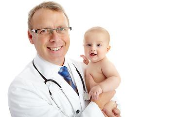 Image showing Face, doctor and man with baby in studio isolated on a white background mockup. Portrait, healthcare and happy medical worker, physician and mature male pediatrician holding infant, kid or toddler.