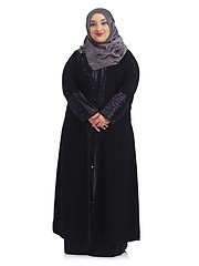 Image showing Fashion, Muslim and portrait of woman on a white background with confidence, elegance and empowerment. Culture, religion and female model isolated in studio with Islamic, cultural and Arabian clothes