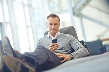 Image showing Thinking, travel or business man with phone thinking for invest strategy, finance growth or financial review. CEO, airport or manager with smartphone for planning, data analysis or economy research