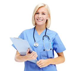 Image showing Portrait, health and documents with a nurse woman in studio isolated on a white background for insurance. Hospital, healthcare and medical with a female medicine professional writing on a clipboard