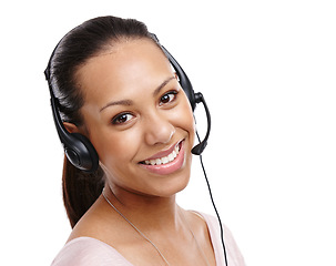 Image showing Woman, portrait and call center consultant in studio, headset with CRM with customer service isolated on white background. Contact us, telemarketing with tech support, customer care and worker smile