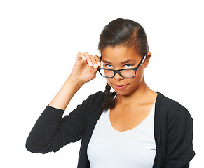 Image showing Girl, student and studio portrait with glasses with smile, focus and success by white background. Young African teenager, motivation and isolated for education, learning and development in Chicago