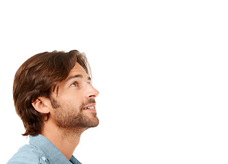 Image showing Thinking, studio and man looking at mockup space for product placement, advertising or marketing. Pensive, idea and young male model contemplating or wondering isolated by a white background mock up