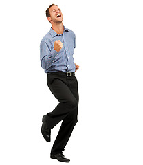 Image showing Success, celebration and businessman in studio for dance, victory and happy on white background. Freedom, winning and successful man celebrating business, opportunity or startup goal with energy