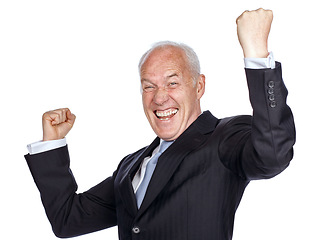 Image showing Senior businessman, celebration and studio portrait with fist hand, smile and white background. Elderly corporate leader, isolated ceo and excited to celebrate, happy hands and air with suit for goal