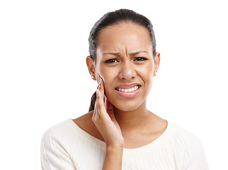 Image showing Black woman, face and toothache pain for dental care, mouth injury or medical wellness isolated in white background. African girl, upset portrait and frustrated for teeth accident or emergency