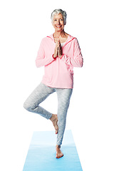 Image showing Portrait, yoga namaste and senior woman in studio isolated on a white background mock up. Zen chakra, pilates fitness and retired female model training, standing or stretching for health and wellness