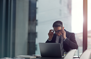 Image showing Computer working, business man and glasses of a corporate worker with lens flare and mockup. Office, web strategy and finance accounting analytics of a ceo with technology and mock up online