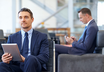 Image showing Relax, tablet and networking with businessman in lounge of corporate company for search, internet and contact. Communication, planning and idea with men in lobby for technology, goal and email