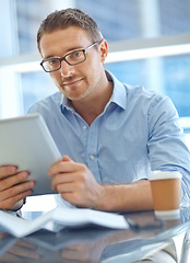 Image showing Portrait, businessman and tablet for connection, corporate deal and company success. Male entrepreneur, boss or ceo with device, digital marketing or online reading for advertising campaign and ideas