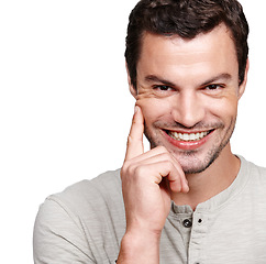 Image showing Man, studio portrait and happiness with smile, thinking and ideas by white background for focus. Isolated model, happy and idea with fashion, hand on face and handsome for cool confidence with shirt