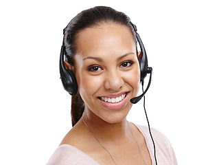 Image showing Woman, portrait and call center employee in studio, headset with CRM with customer service isolated on white background. Contact us, telemarketing with tech support, customer care and female smile