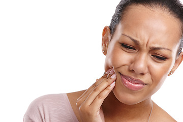 Image showing Woman, hand and mouth in pain from wisdom teeth, surgery or dental emergency against a white studio background. Isolated female suffering from painful oral, gum or tooth injury on white background