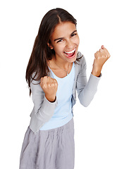 Image showing YES I won. Business woman and happy winner portrait for career victory, success and milestone with excited smile. Celebration, happiness and achievement of young worker on isolated white background.