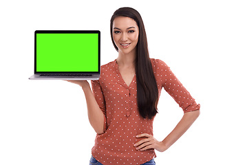 Image showing Green screen, laptop and portrait of Asian woman on a white background for website, digital logo and information. Marketing, advertising and isolated girl with computer screen mockup for online data