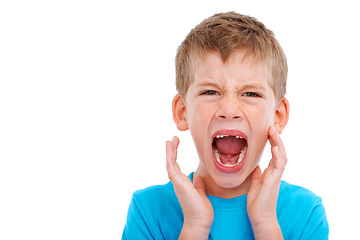 Image showing Frustrated kid, studio portrait and shouting with anger facial expression by white background for mental health. Boy child, crying and isolated with frustrated emotion, adhd and autism in childhood