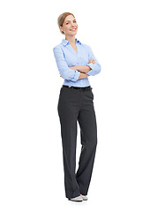 Image showing Business, leadership and body portrait of happy woman with confident smile, vision and motivation on white background. Corporate fashion, professional job confidence and woman ceo standing in studio.