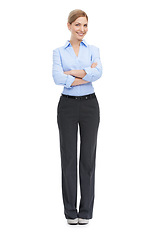 Image showing Leadership, business fashion and portrait of woman with smile and motivation for startup success on white background. Corporate fashion, professional confidence and happy woman ceo standing in studio