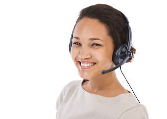 Image showing Crm, customer service and black woman portrait for contact us call center with a happy smile. White background, isolated studio and woman employee with headset ready for customer support work