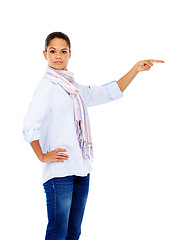 Image showing Portrait, black woman and pointing for marketing, advertising and female isolated on white studio background. African American lady, girl and gesture for directions, promotion and product placement