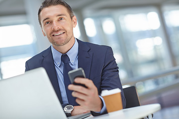 Image showing Accountant, phone or business man in airport for global invest strategy, finance growth or financial review. Manager, smile or travel male in lobby for social media, data analysis or economy research