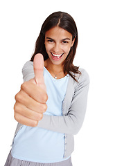 Image showing Thumbs up, hands and portrait of a woman happy about winning, success and thank you for support or vote. Happy female with yes or like emoji for deal, sale or discount isolated on a white background