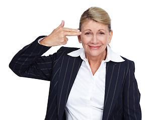 Image showing Suicide, hand gun and portrait of business woman with mental health problem, depression crisis and job mistake stress. Burnout, career fail anxiety and sad worker depressed on white background studio