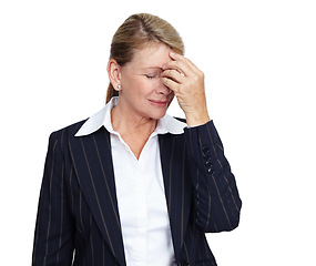 Image showing Mental health, burnout or business woman with headache problem, work stress anxiety and depressed over job mistake. Career fail, studio depression crisis or sad corporate employee on white background