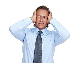 Image showing Thinking, corporate and headache of man with burnout overwhelmed with career problem, fatigue or mistake. Depression, anxiety and tired businessman with breakdown at isolated white background.