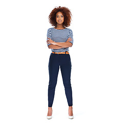 Image showing Portrait, arms crossed and black woman standing on white background, studio or isolated pose. Female model, trendy fashion and casual outfit style with afro, motivation and confidence for empowerment