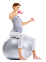 Image showing Fitness, weightlifting and pregnant woman on gym ball for maternity wellness, healthy lifestyle and wellbeing. Sports, pregnancy and female for workout, exercise and pilates with dumbbells in studio