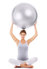 Image showing Pregnant woman, portrait and exercise ball with white background for fitness, pilates and wellness. Pregnancy, medicine ball and workout in studio for healthy maternity, yoga training and body energy