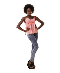 Image showing Fashion, stylish and portrait of a black woman with an afro on a white background in studio. Trendy, fashionable and full body of a young African designer clothing model with an elegant pose