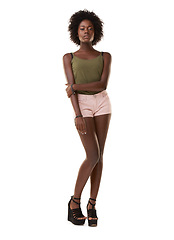 Image showing Fashion, style and portrait of a casual black woman in studio with a trendy, edgy and cool outfit. Beauty, young and model from South Africa with stylish clothes while isolated by white background.