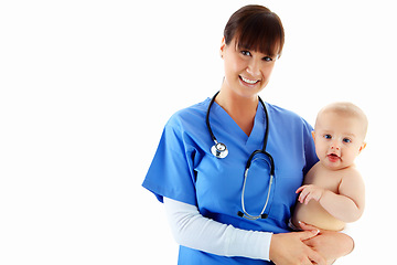 Image showing Woman, portrait and nurse with baby in studio isolated on white background mockup. Face, healthcare or happy medical worker, physician or female pediatrician holding child, kid or toddler at hospital