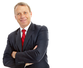 Image showing Portrait, arms crossed and business man in studio isolated on a white background mockup. Face, ceo and mature, proud and happy male entrepreneur from Canada with vision, mission and success mindset.