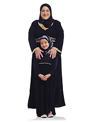 Image showing Islam, body portrait and mom and girl child happy in hijab together and isolated on white background. Love, family and support, Muslim woman with daughter smile and Islamic culture in studio in Egypt