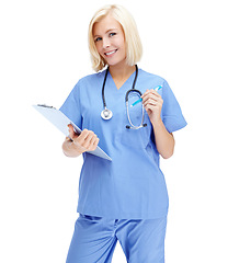 Image showing Portrait, healthcare and insurance with a nurse woman in studio isolated on a white background for health. Hospital, documents and medical with a female medicine professional writing on a clipboard