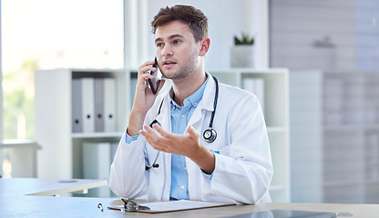 Image showing Phone call, healthcare and doctor talking in hospital, chatting or speaking. Telehealth, cellphone and medical physician in consultation with contact, asking questions or helping on mobile smartphone