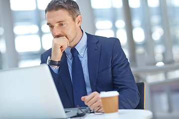 Image showing Laptop, finance and male accountant thinking while working on financial report in the office. Success, professional and businessman planning an accounting statistics project on computer in workplace.