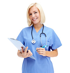 Image showing Portrait, healthcare and documents with a nurse woman in studio isolated on a white background for insurance. Hospital, health and medical with a female medicine professional writing on a clipboard