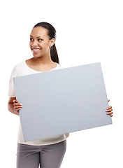 Image showing Studio, mockup and woman with banner on a white background for announcement, information and message. Marketing, advertising and happy girl isolated with gray poster for branding, logo and copy space