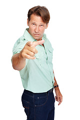 Image showing Portrait, angry and man pointing, upset and mature guy isolated on white studio background. Male, gentleman and gesture for argument, anger and screaming for fight, issues and problems on backdrop